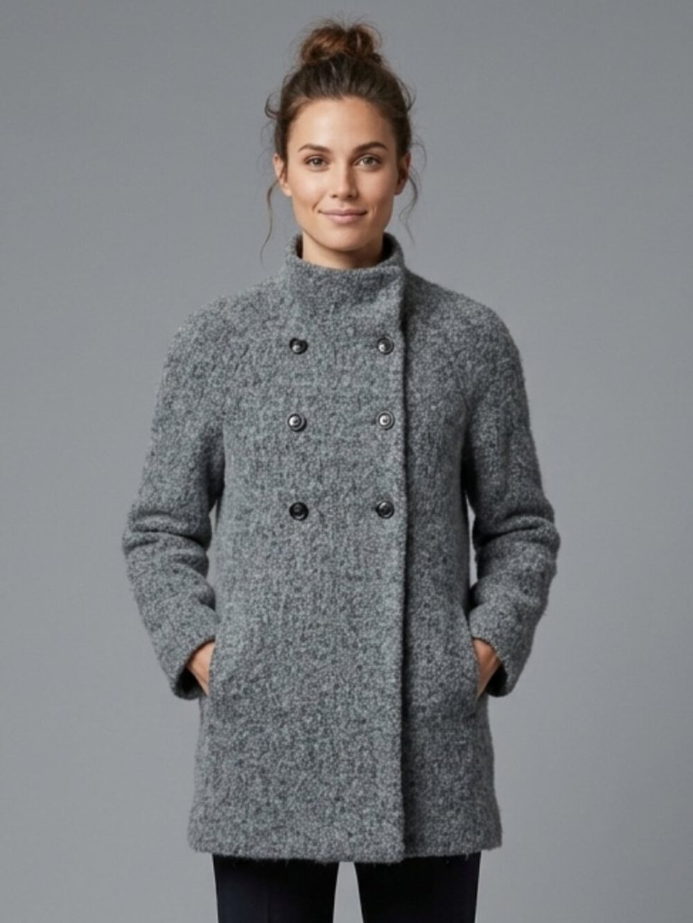 12 L Vintage 90s DKNY Charcoal Gray Tweed Wool Double Breasted Pea Coat 42315